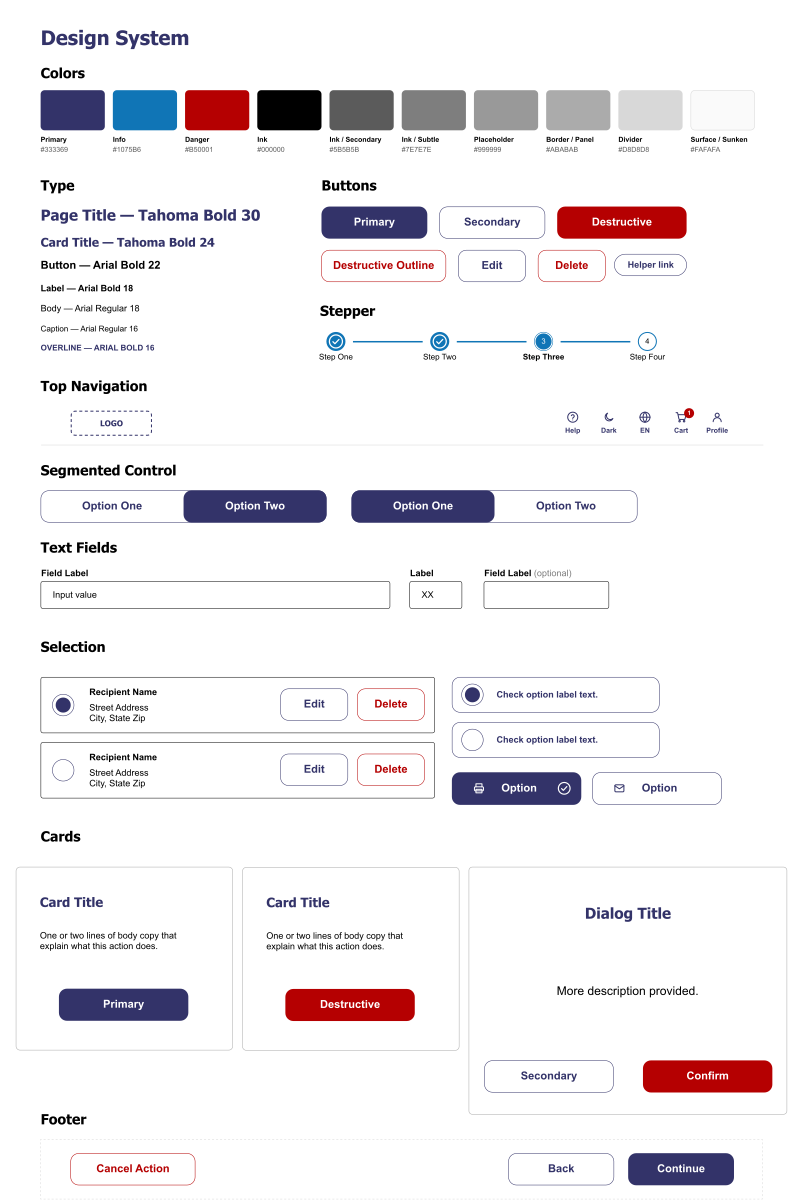 USPS design system — colors, type, components